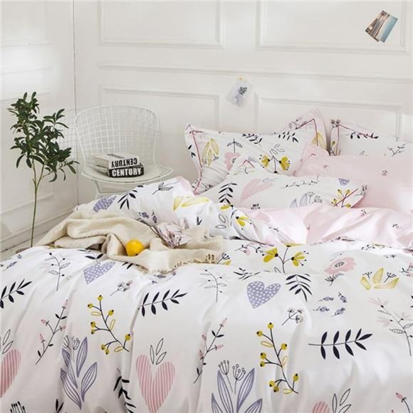 Flower Print Cotton Girls Duvet Cover Set 3Piece Pink Reversible Full BeddingSet - Picture 6 of 6